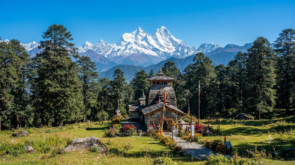 Revered Nanda Devi Temple nestled against snow-capped Himalayan peaks in Munsiyari, a prime highlight featured in our Munsiyari tour package.