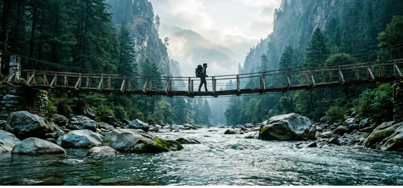 A wooden bridge over the Parvati River in Kasol under Kullu tour package