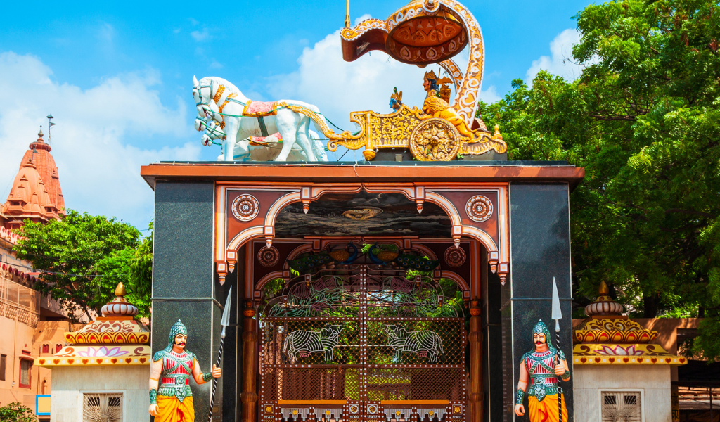 The grand entrance of the Shri Krishna Janmabhoomi temple, a major highlight of our expert-led Mathura tour package and Mathura trip