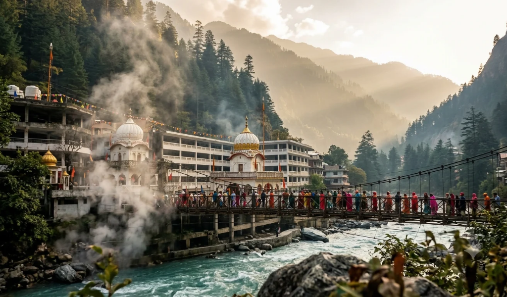 Gurudwara Sri Manikaran Sahib near Parvati River with hot springs included in Kullu tour package.