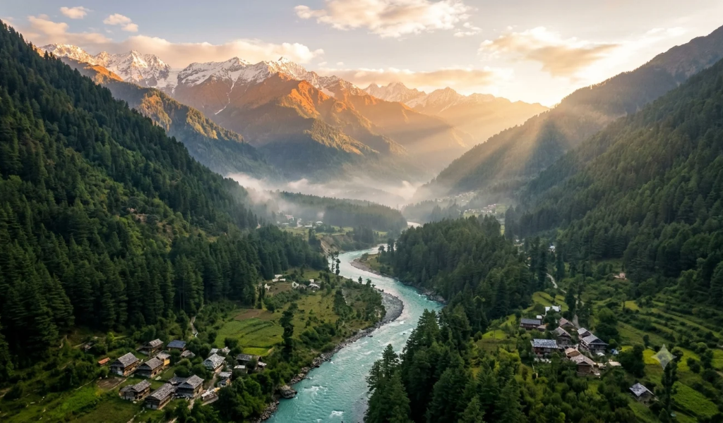 Scenic aerial view of Parvati valley river and snow mountains under kullu tour package in kullu himachal pradesh.