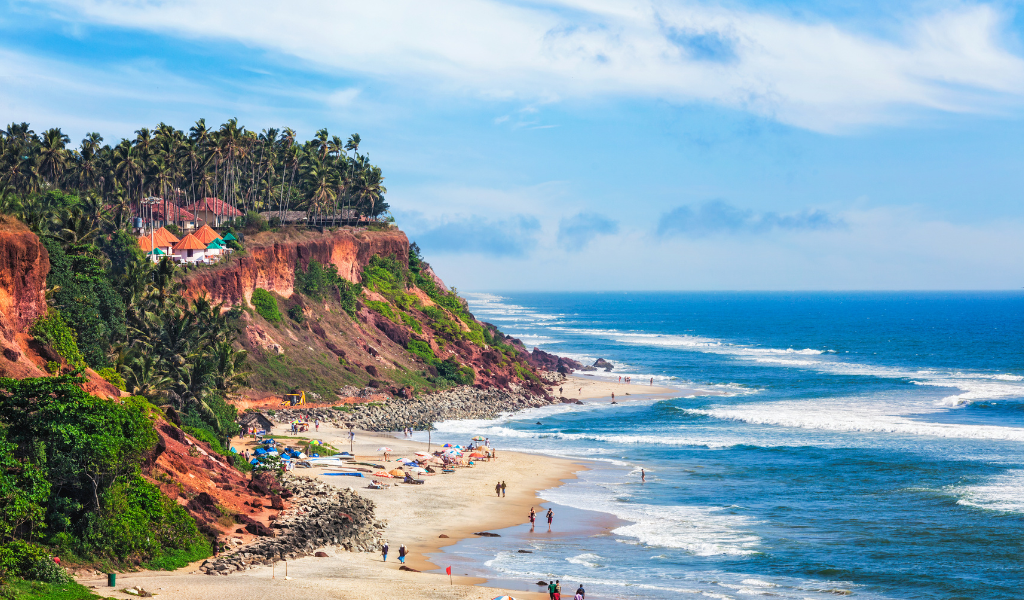 Beautiful aerial view of a cliffside beach with palm trees, perfect for a romantic South India Tour Goa extension.