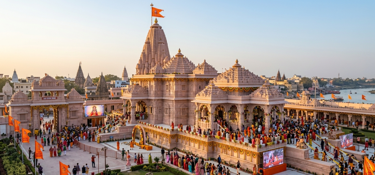 A professional view of the grand temple complex included in our Ayodhya Tour Package for a spiritual tour to Ayodhya