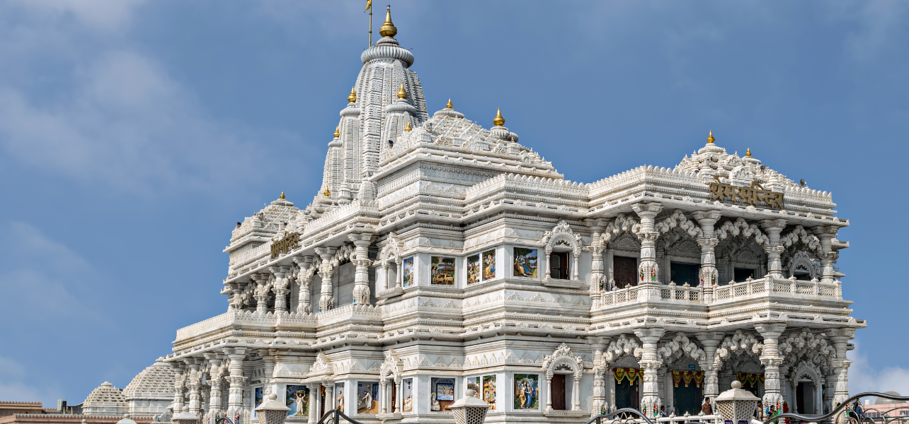 The stunning white marble Prem Mandir, a major highlight of our Vrindavan tour package for the best sightseeing in Vrindavan.