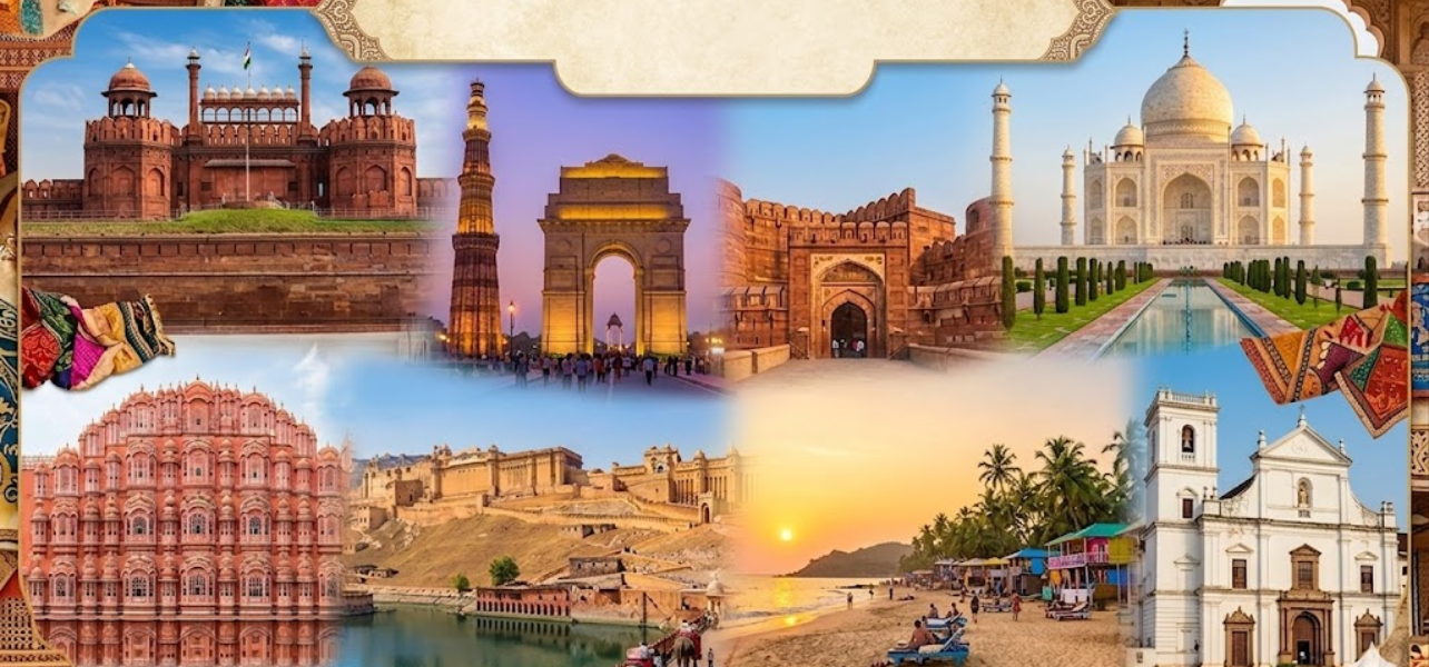 A comprehensive travel collage featuring the Red Fort in Delhi, Taj Mahal in Agra, Hawa Mahal in Jaipur, and a scenic sunset beach and church in Goa for a 9-day tour package.