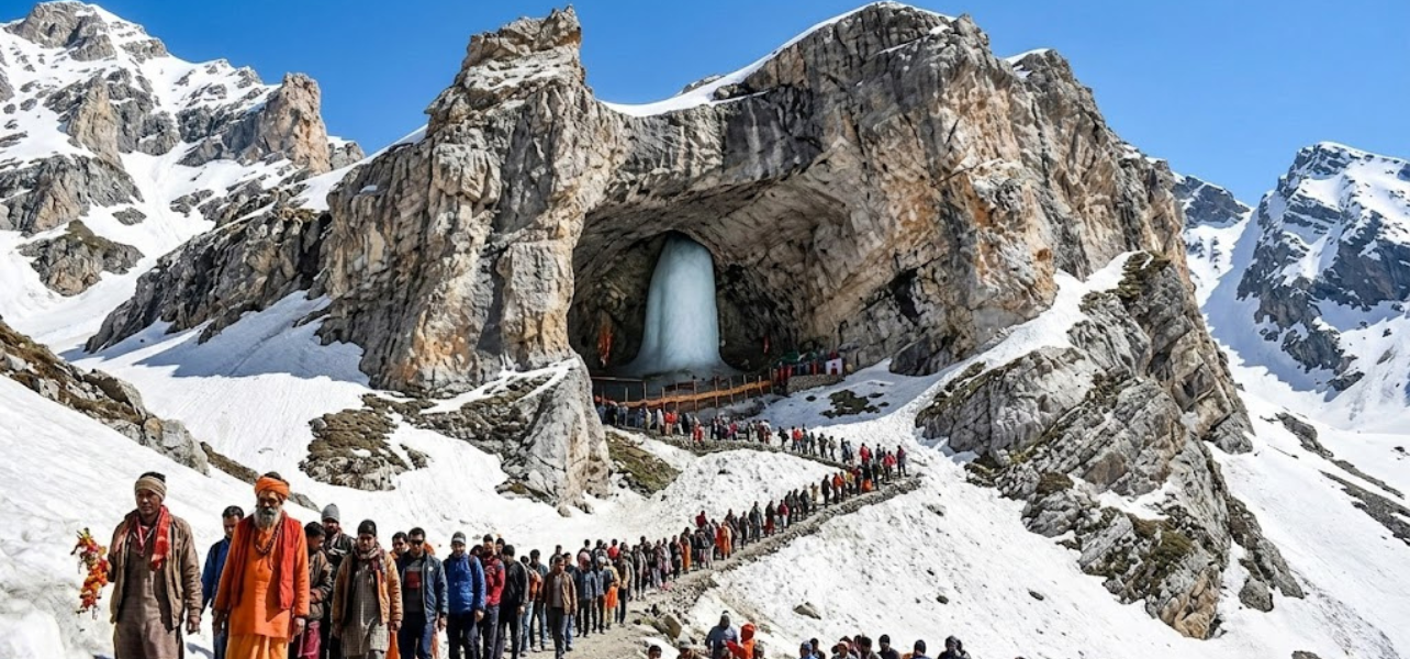 Pilgrims walking towards the holy Amarnath Cave to see the natural ice Lingam of Baba Barfani in 2026.