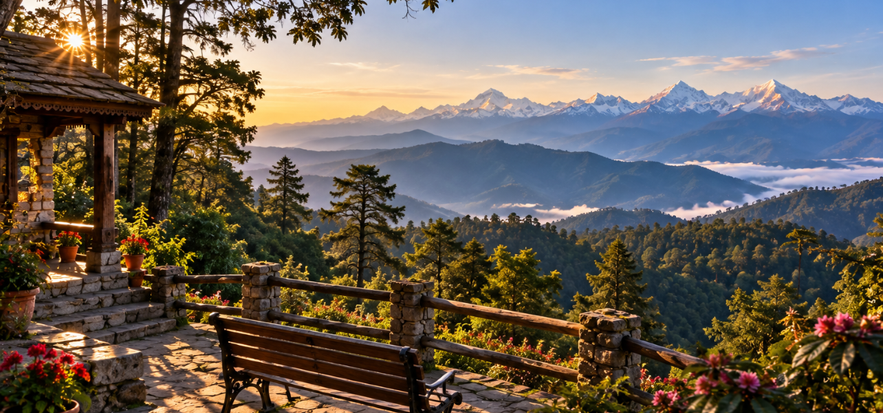 Binsar tour package ex Kathgodam showcasing morning sunrise view of snow-capped Himalayan peaks.