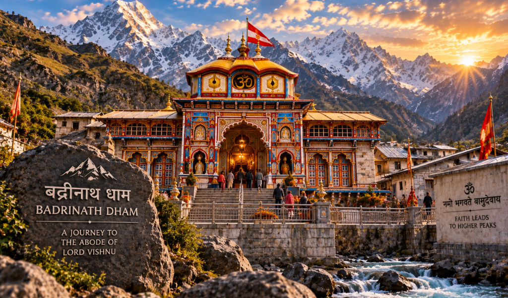 Badrinath Dham Temple colorful facade and ornate entrance for Chardham Yatra By Helicopter 2026 pilgrims.