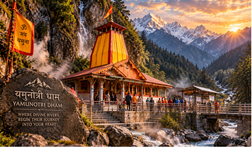 Yamunotri Dham Temple with yellow and red towers near hot springs along the chardham heli yatra route.