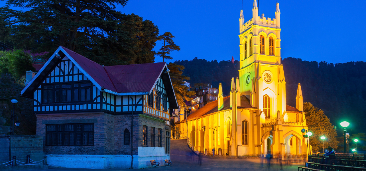 Shimla Tour Package illuminated Christ Church and heritage buildings at night