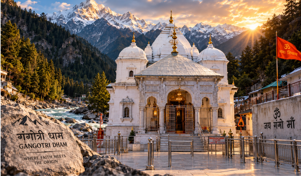 Gangotri Dham Temple white marble structure on the Bhagirathi river bank during Chardham yatra by helicopter 2026.