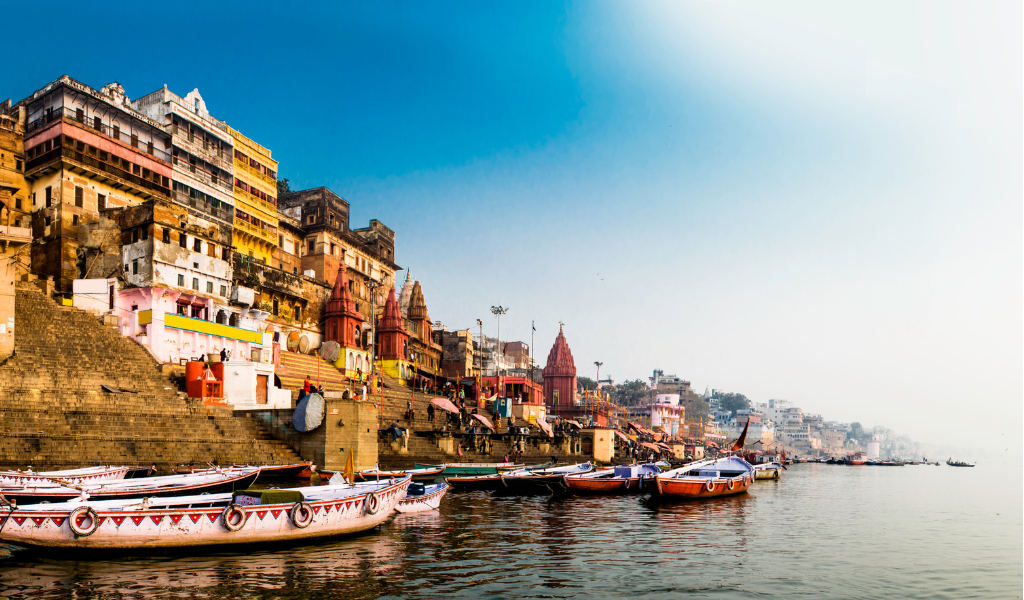 Colorful temples along the Ganga showcasing the vibrant spiritual life of Varanasi