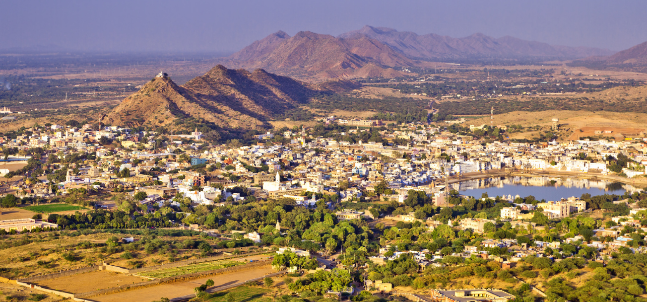 Beautiful city view with hills and lake Ajmer pushkar tour package destination Rajasthan