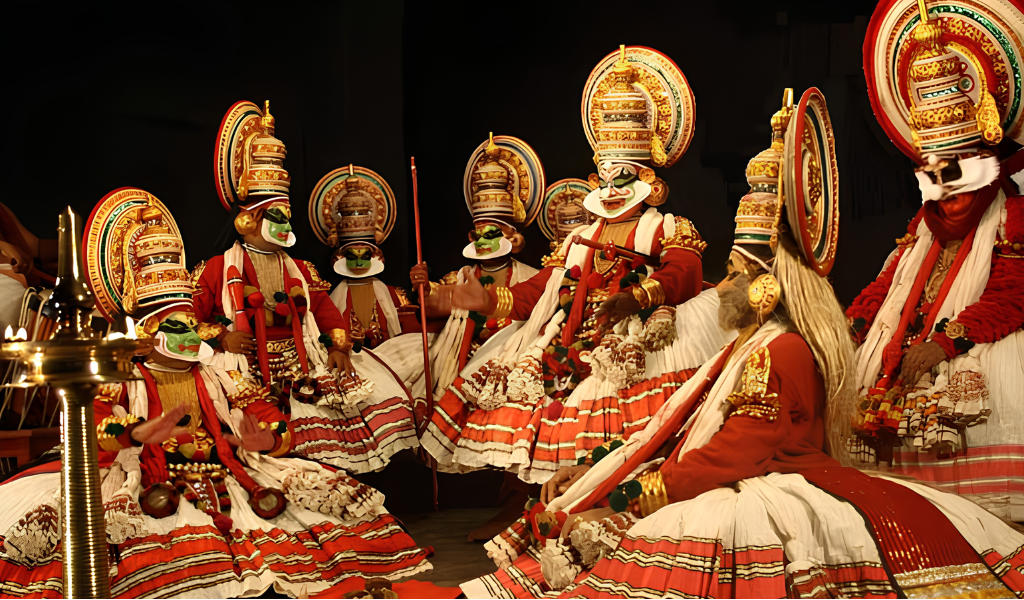 Art and culture of India performing arts featuring Kathakali dancers in traditional face makeup and elaborate costumes.