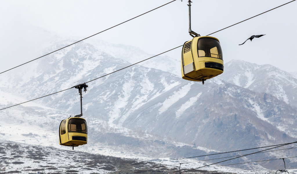 Gulmarg gondola cable car ride with snowy mountains in the background