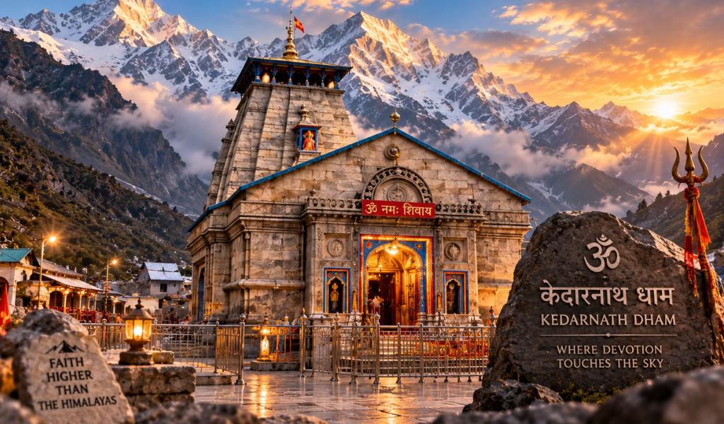 Kedarnath Dham Temple ancient stone temple at the base of snowy Himalayan mountains on char dham helicopter booking package.