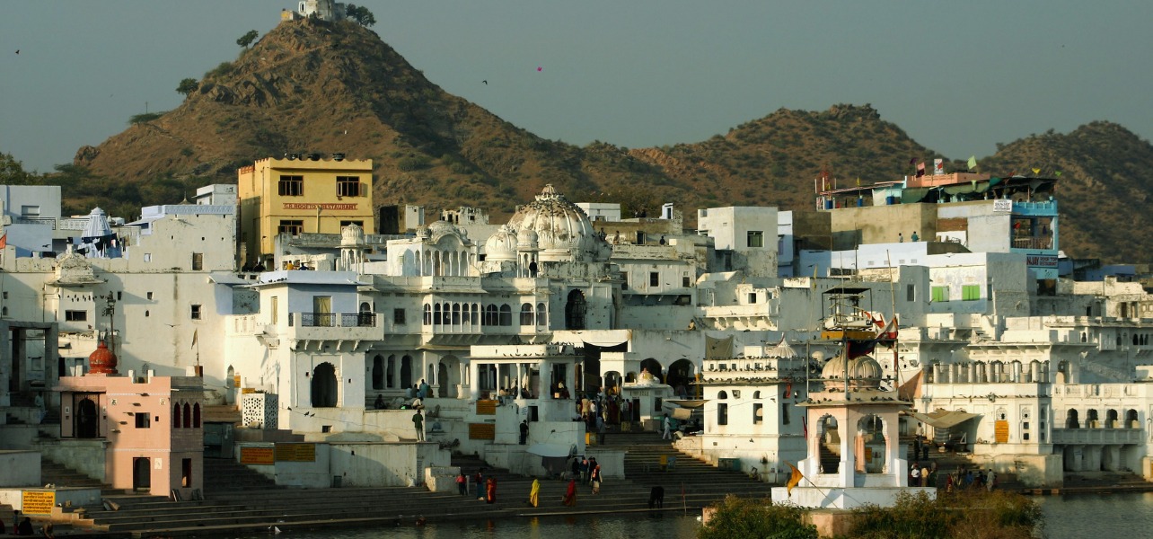 Jaipur Pushkar Ajmer Udaipur Tour beautiful Pushkar lake ghats and temple view in Rajasthan