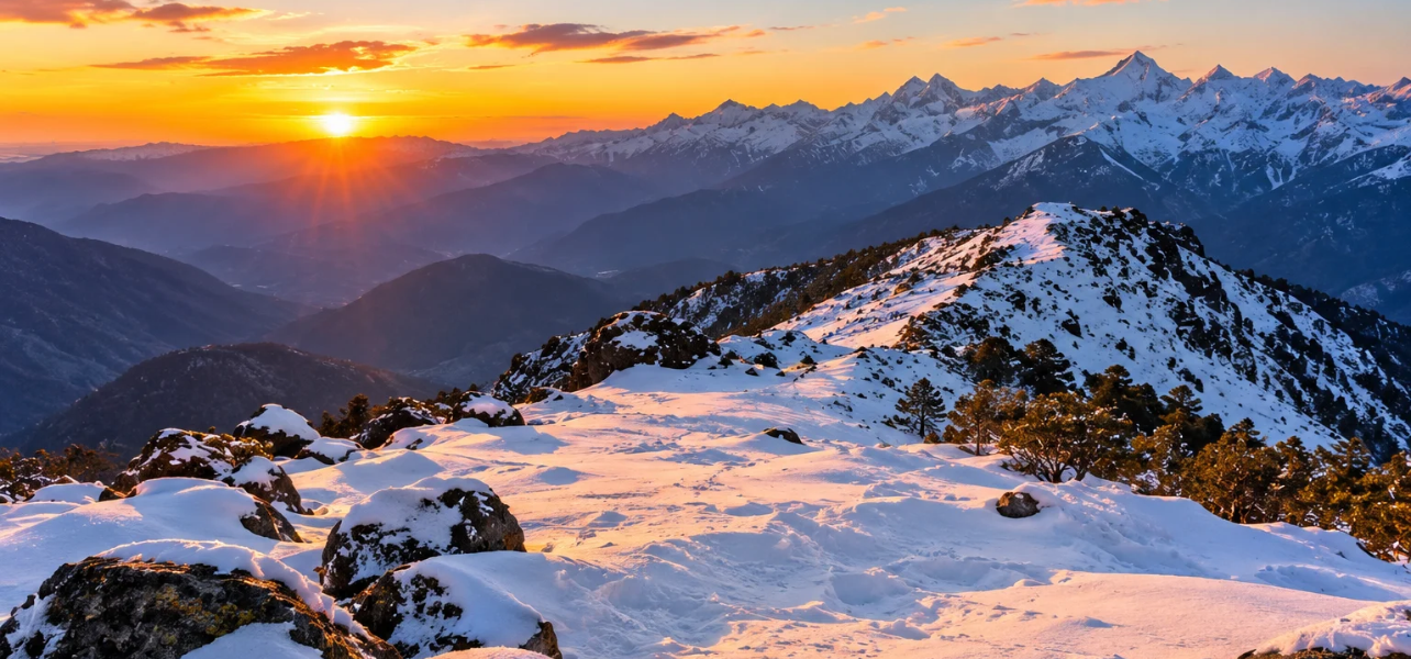 Golden sunrise view over snow covered peaks on Gulabi Kantha trek in Uttarkashi Uttarakhand