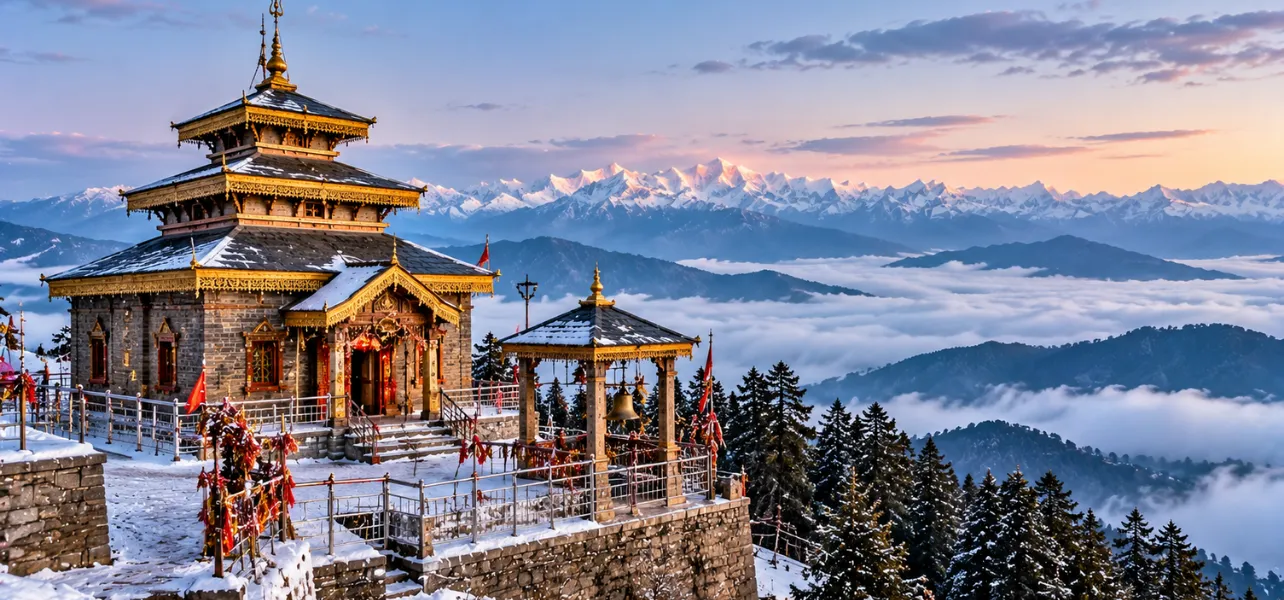 Kanatal Tour Package From Dehradun featuring the scenic Surkanda Devi Temple and Himalayan mountain views in Uttarakhand