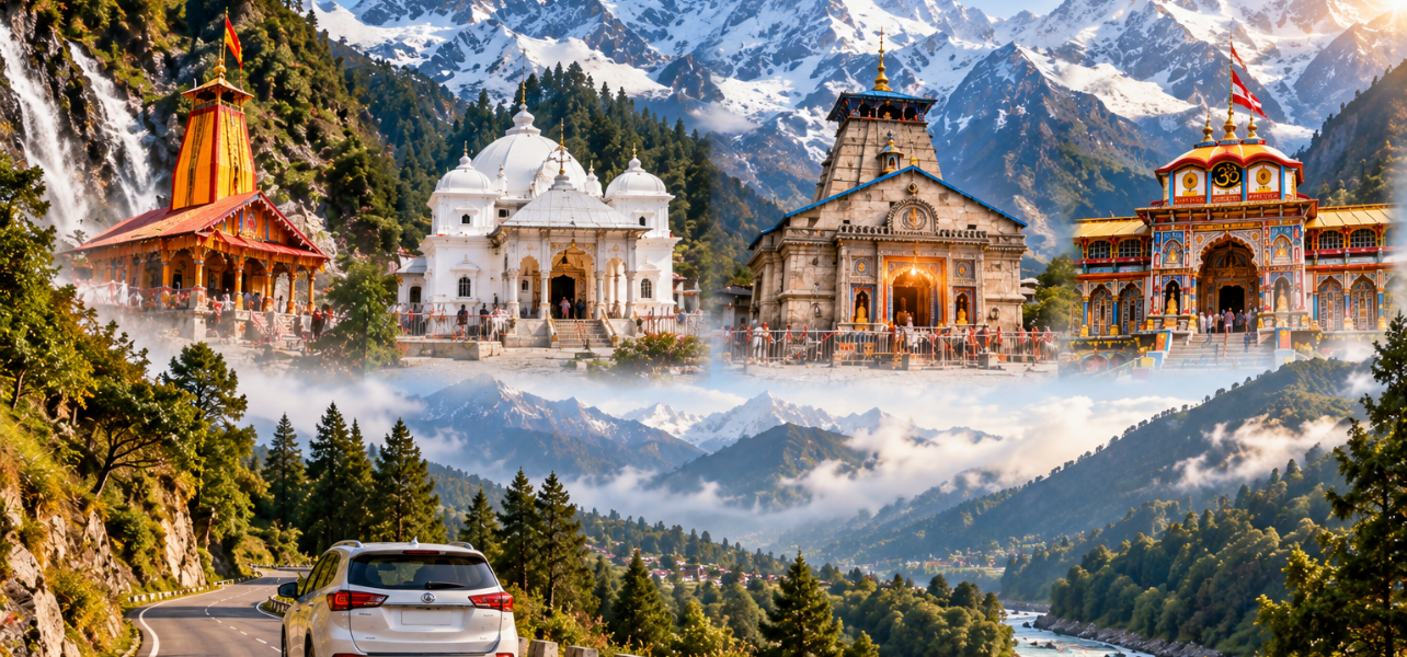 Chardham yatra package from Chandigarh featuring Yamunotri, Gangotri, Kedarnath, and Badrinath temples with a white SUV driving through Himalayan mountain roads.