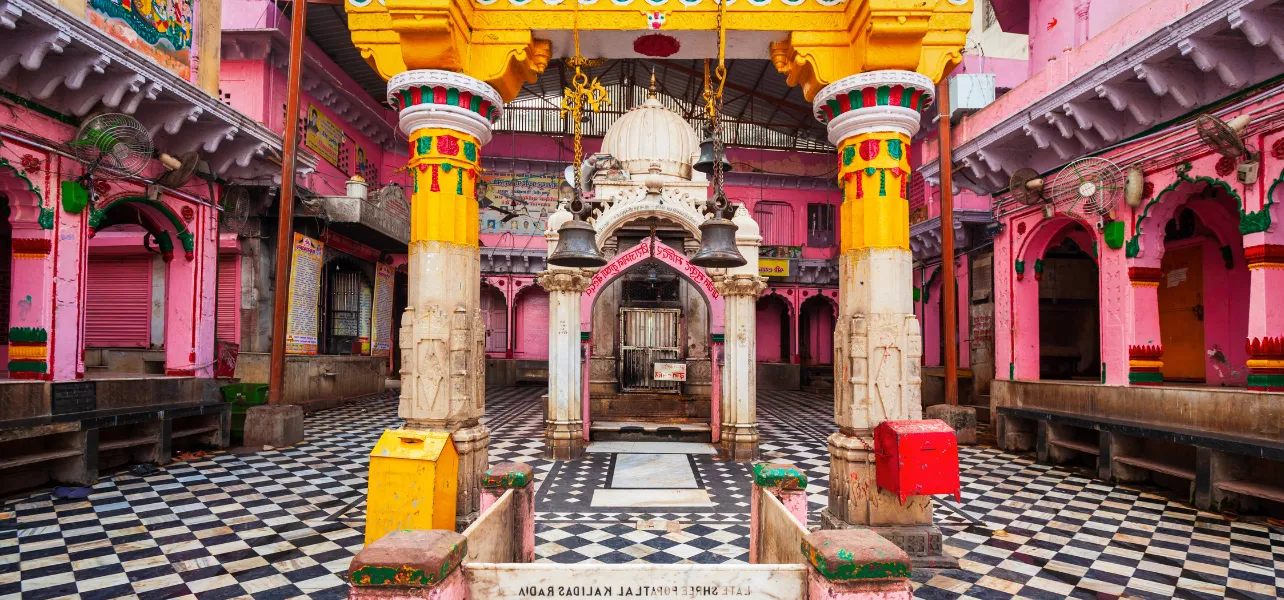 Colorful interior courtyard of the Dwarkadhish Temple visited during an authentic Mathura sightseeing experience with our Mathura tour package
