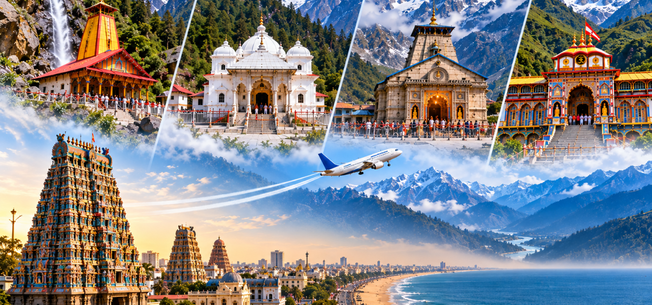 Char Dham Yatra package from Chennai collage featuring Kapaleeshwarar Gopuram and Marina Beach to Yamunotri, Gangotri, Kedarnath, and Badrinath temples.