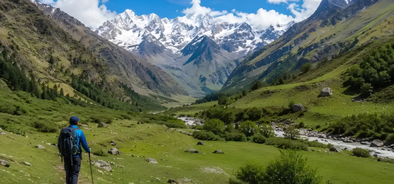 Trekker carrying a backpack walking along the green Har Ki Dun valley trail facing the snow-capped Swargarohini peaks during his Har Ki Dun trek.