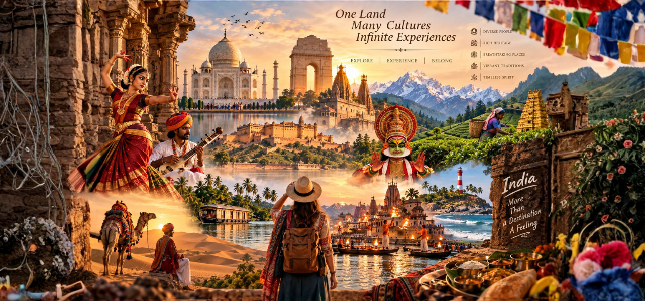Art and culture of India collage featuring Classical Kathakali, Bharatanatyam dance, Taj Mahal, India Gate, and traditional Indian heritage landmarks.