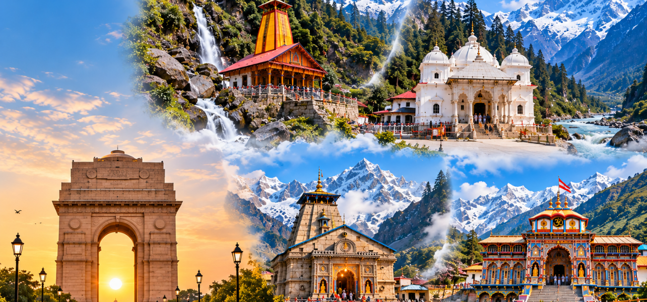 Char Dham Yatra package from Delhi collage featuring India Gate along with Yamunotri, Gangotri, Kedarnath, and Badrinath temples in the Himalayas.