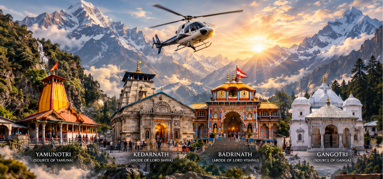 Chardham Yatra By Helicopter 2026 showcasing Yamunotri, Kedarnath, Badrinath, and Gangotri temples against snow-capped Himalayan peaks.