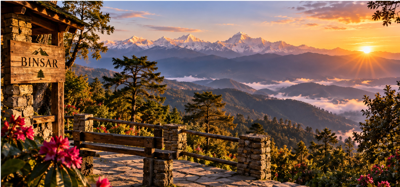 Binsar tour package featuring sunrise view of snow-capped Himalayan peaks, wooden viewpoint, and rhododendron flowers in Binsar Wildlife Sanctuary.
