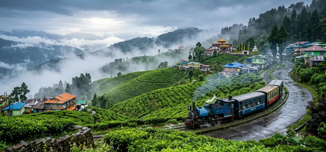 Scenic view of Himalayan toy train running along lush green tea gardens for Darjeeling Gangtok Lachung tour package by India Easy Trip