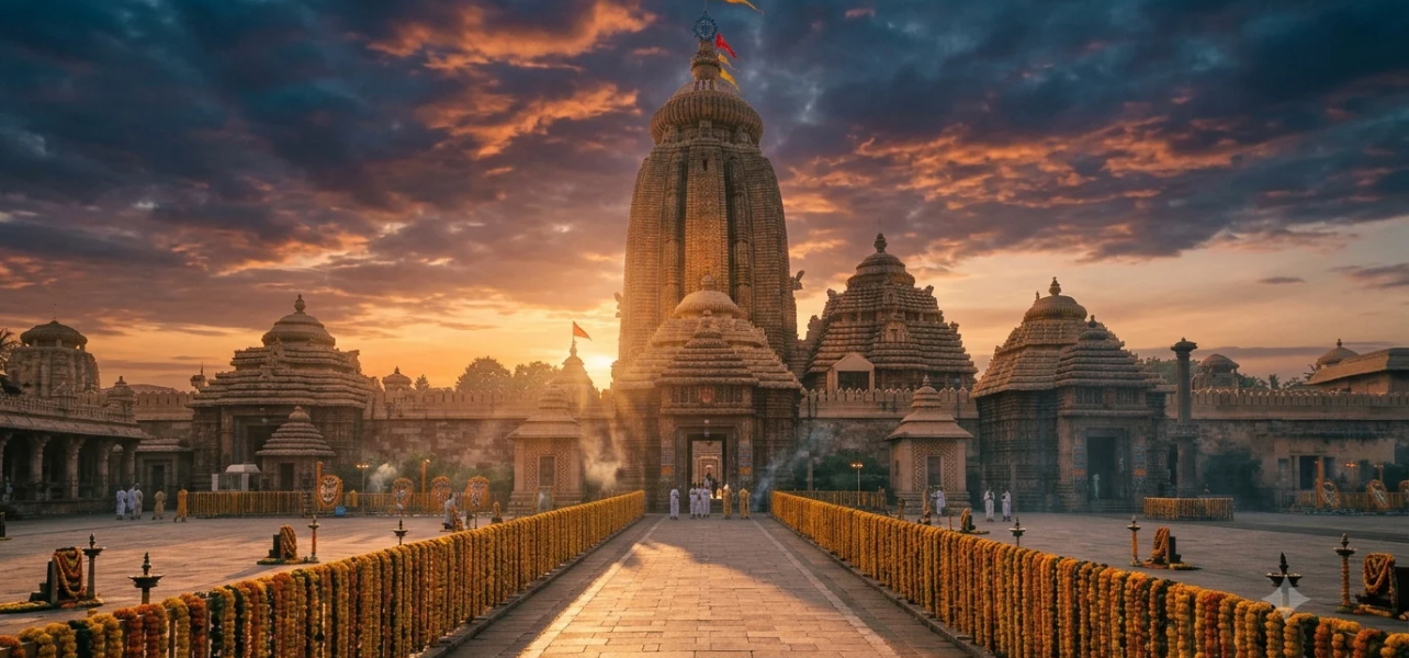 Orissa family tour package - Jagannath Temple in Puri glowing at sunset with a marigold-lined pathway