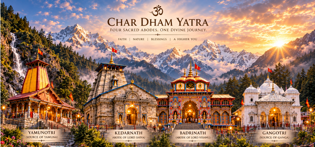 Chardham Yatra Package 2026 official banner showing Yamunotri, Kedarnath, Badrinath, and Gangotri temples with Himalayan.