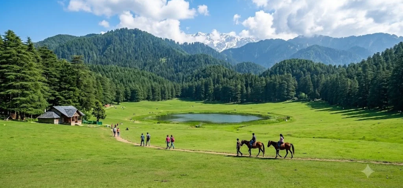 Lush green Khajjiar meadow with lake and Dhauladhar mountains included in the 3 days Chamba tour package