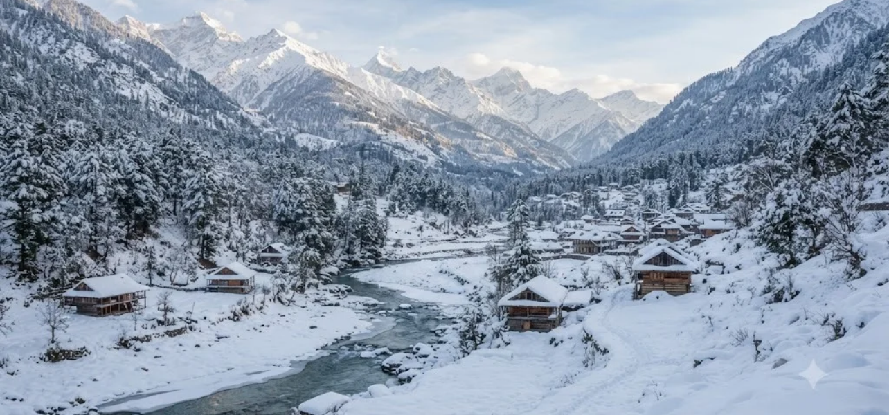 Snow-covered winter landscape of Harshil Valley during the Mussoorie Harshil tour from Dehradun, showcasing frozen river and pine trees.