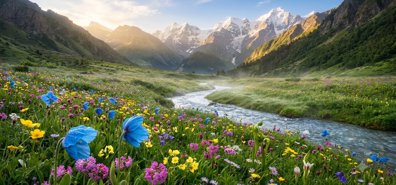 Valley of Flowers Trek in Uttarakhand with colorful alpine flowers, a flowing river, and snow-capped Himalayan mountains
