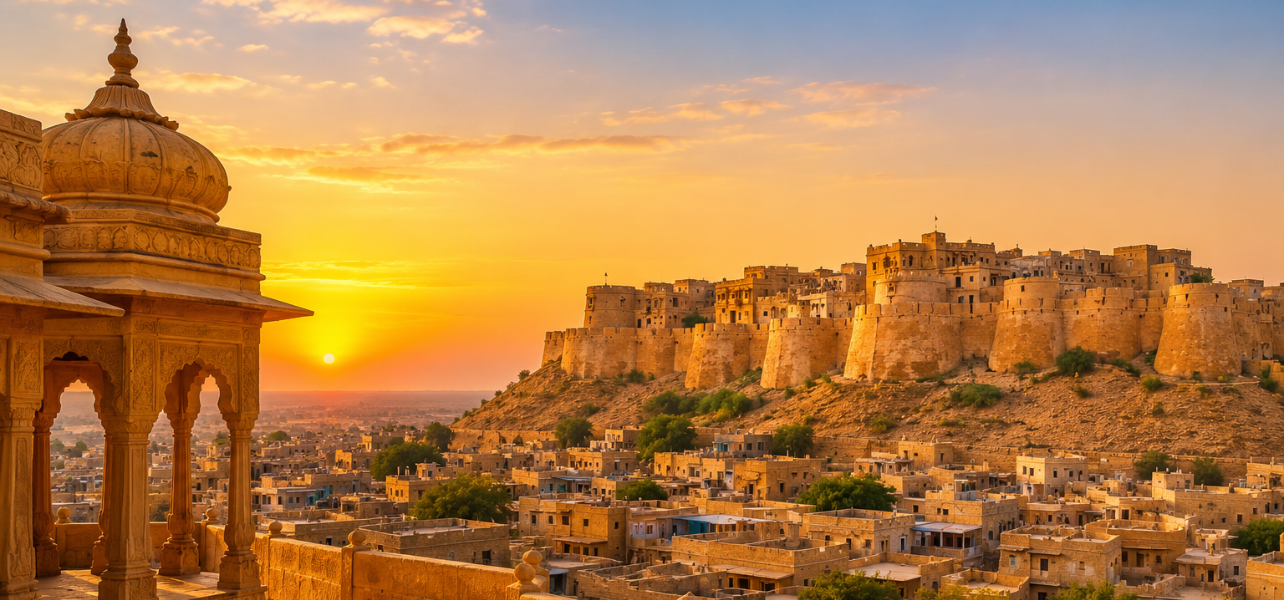 Jaisalmer tour package featuring sunset view of Jaisalmer Fort and yellow sandstone architecture