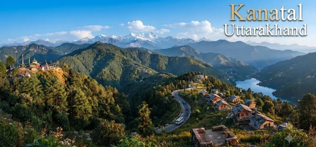 Scenic view of Kanatal Uttarakhand hills, winding roads, and Tehri lake for Rishikesh with Kanatal tour package