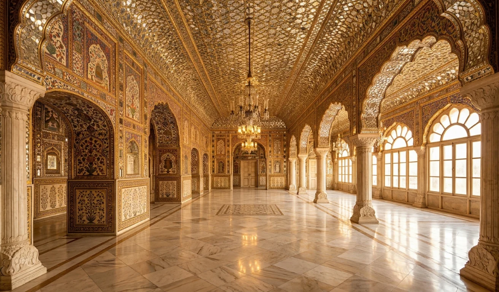 Patiala tour package – Sheesh Mahal interior with mirror mosaic ceiling, painted arches and chandelier