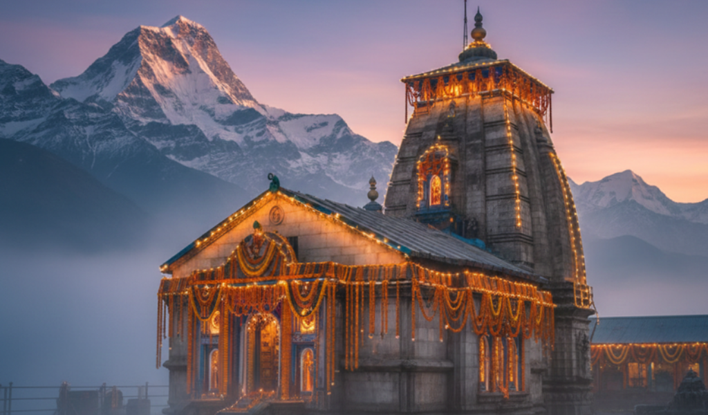 Decorated Kedarnath Temple in Himalayas, a key destination in the Char Dham Yatra package from Delhi.