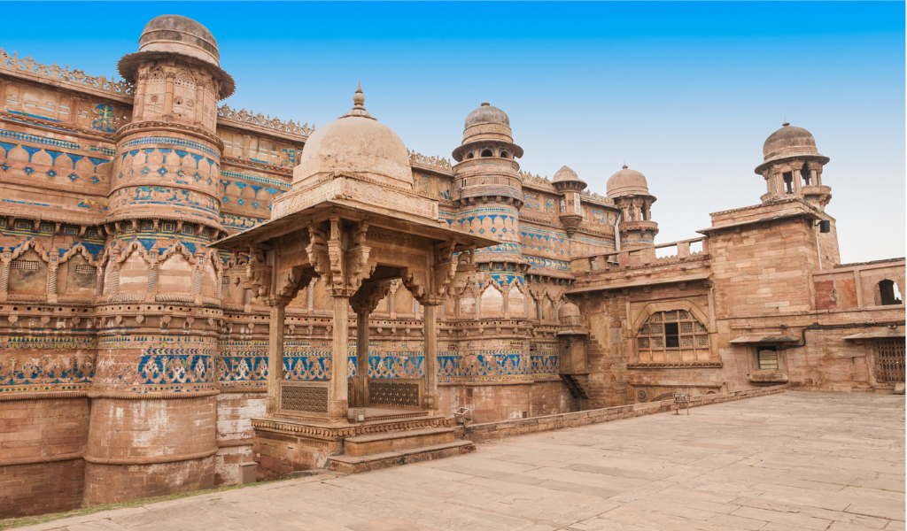 Carved stone courtyard and pavilion of Man Singh Palace inside Gwalior Fort  during Gawlior Tour Package