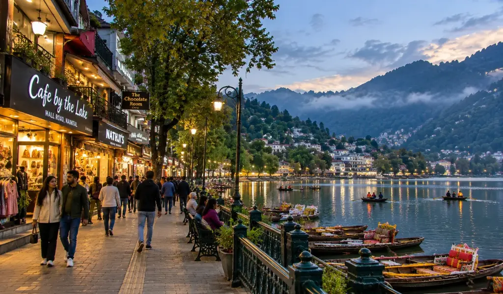 Nainital Lakes Tour Package featuring Mall Road Nainital, lakeside cafes, colorful boats and scenic green hills