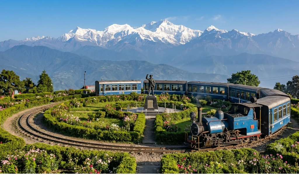 Darjeeling toy train at Batasia Loop with Kanchenjunga view, a top highlight of our Darjeeling tour package