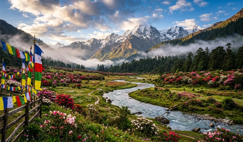 Darjeeling Gangtok Lachung tour package image showing blooming rhododendrons in Yumthang Valley North Sikkim with Lachung Chu river