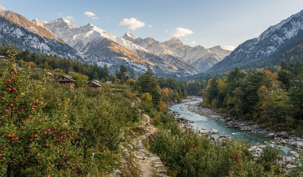 Scenic view of Harshil Valley in Uttarakhand, featuring lush apple orchards, Bhagirathi River, and majestic snow-capped Himalayan peaks.