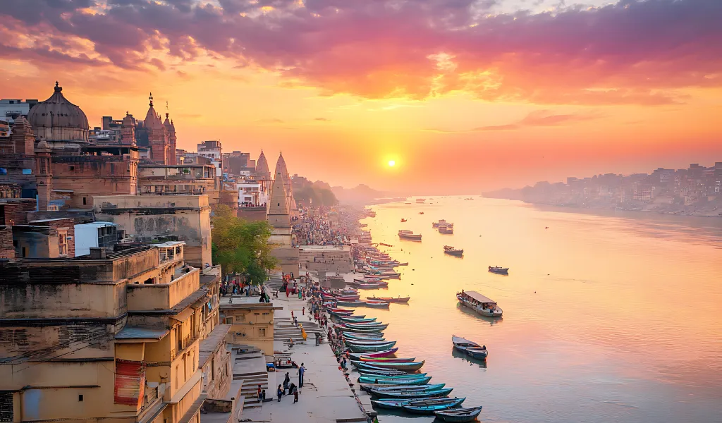 spiritual ghats of Varanasi with River Ganga and ancient temples