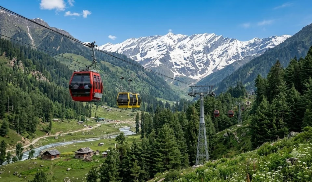Scenic cable car and ropeway ride in solang valley manali with snow mountain views in our manali tour package.
