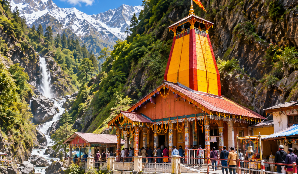 Yamunotri Temple nestled amidst green mountains and waterfalls on a chardham yatra package from Chandigarh.