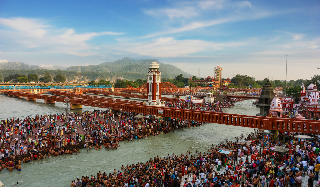 Wide aerial view of Har Ki Pauri ghats and Ganges river bridges on a Haridwar tour